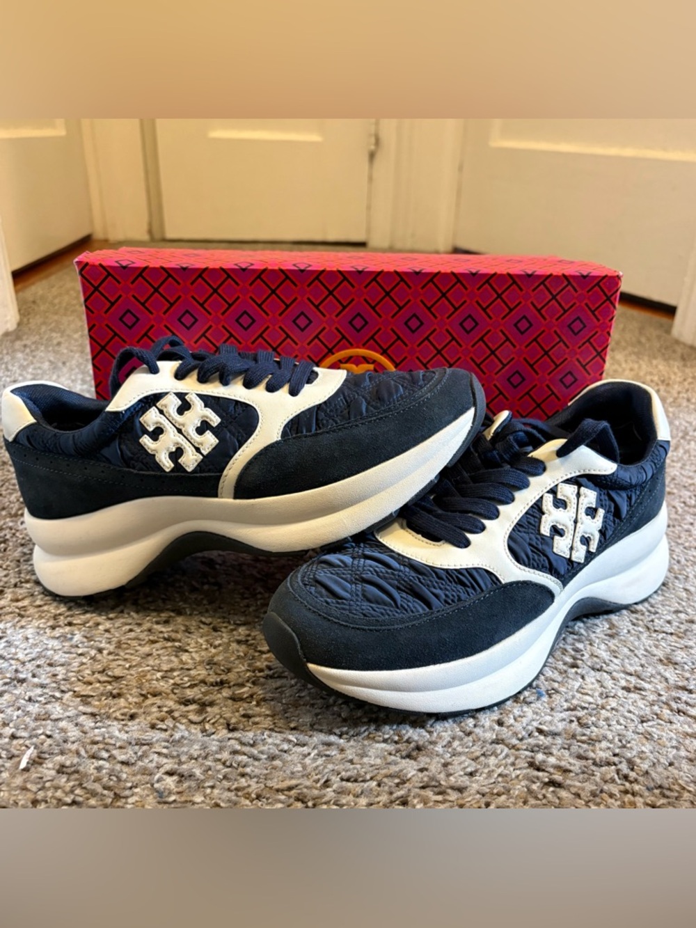 Tory Burch Navy and White Quilted Sneakers NWT